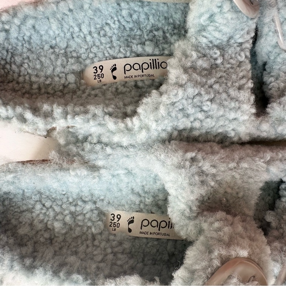 NWT Birkenstock Papillio Arizona Big Buckle Shearling fuzzy sandal blue 39/8 - Picture 12 of 16